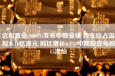 信和置业(00083)发布中期业绩 股东应占溢利26.16亿港元 同比增长6.3% 中期股息每股15港仙